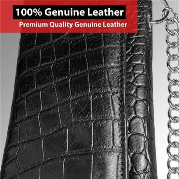 Chain Wallet for Men – 100% Natural Genuine Leather, Long Trifold RFID Blocking - Picture 2 of 8